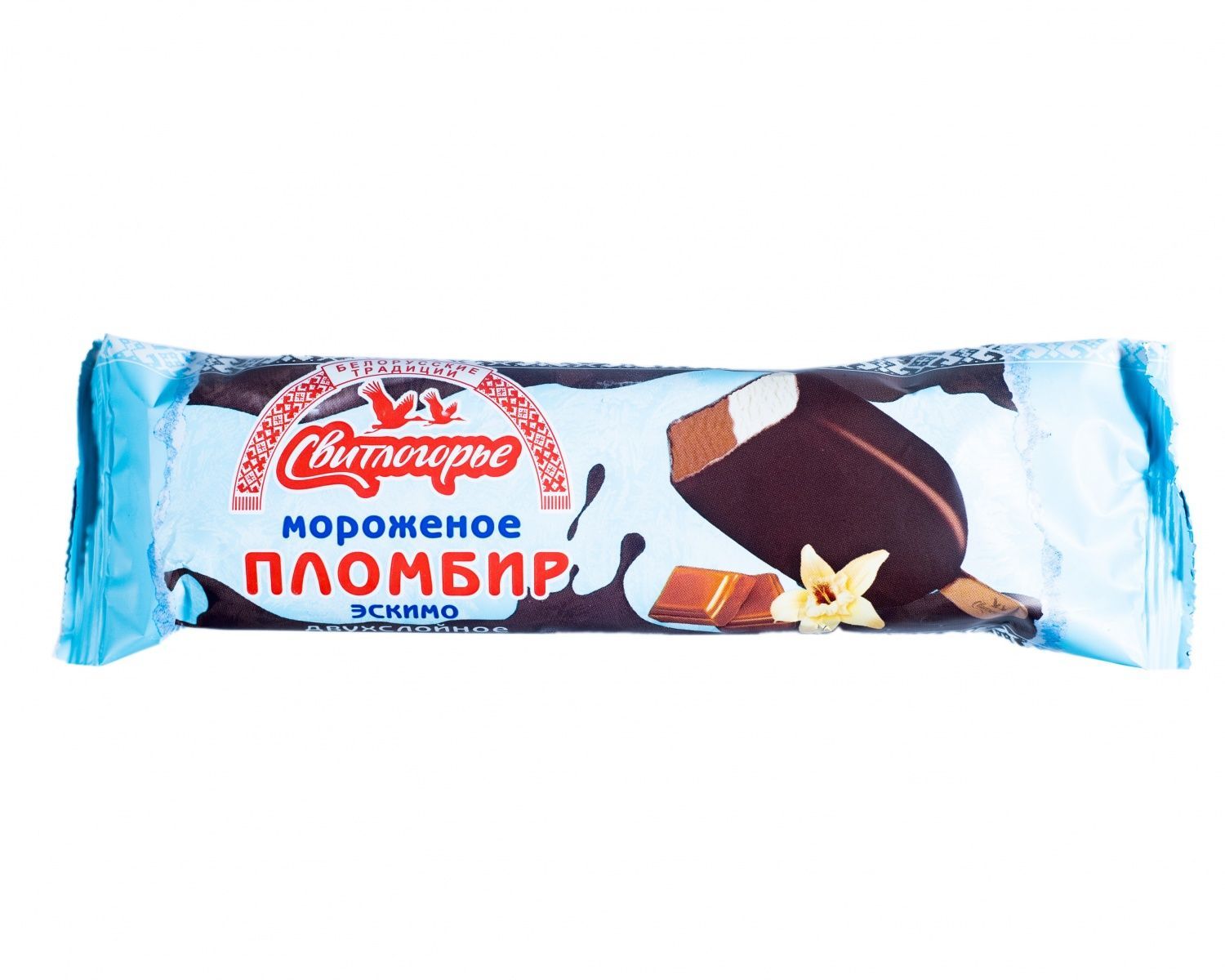 картинка Мороженое двухслойное пломбир с ванилью и промбир шоколадный в сливочной какаосодержащей глазури эскимо. М.д.ж. 15% 80г 